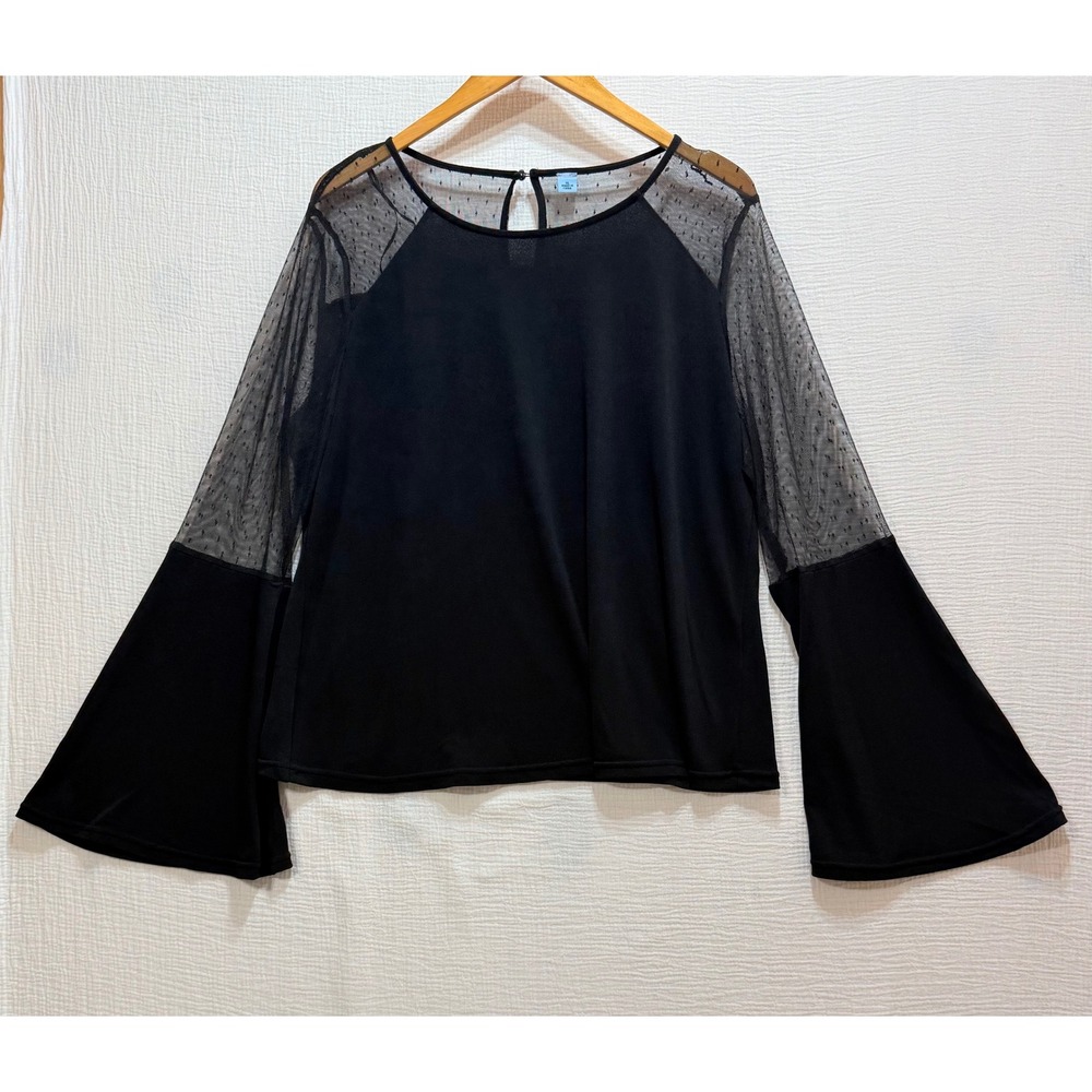 CeCe Bell Sleeve Top Women XL Black Mesh Swiss Dot Sheer  Long Sleeves Gothic